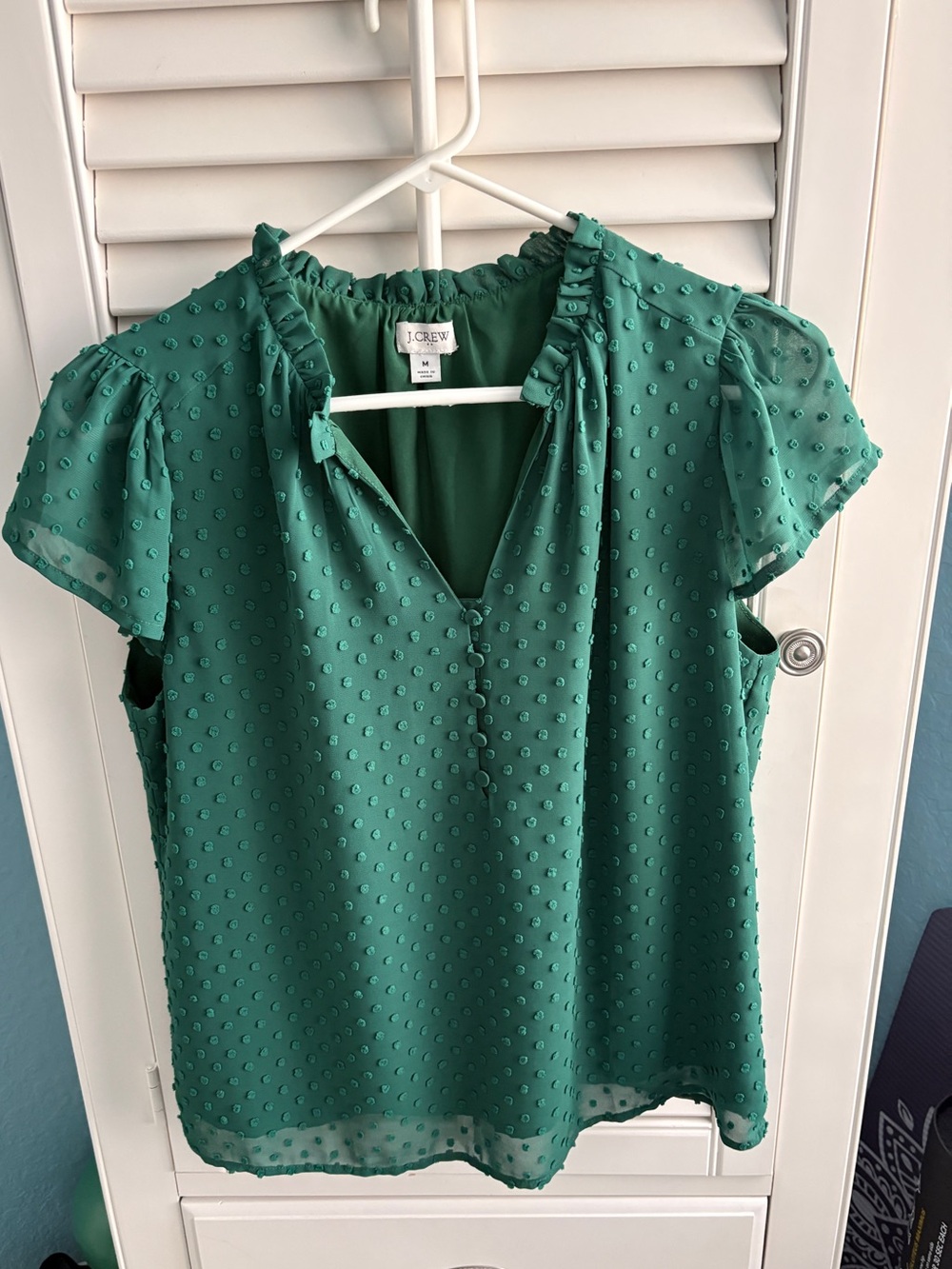 J. Crew Emerald Green Swiss Dot Ruffle Neck Blouse